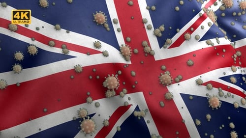 United Kingdom Flag Waving with Virus Particles Spreading