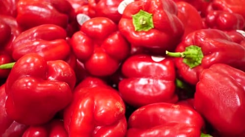 Colorful red bell pepper in a pile, SLOWMO Close Up Pan