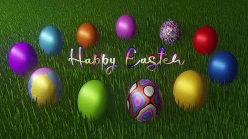 Colorful Easter Eggs in Green Grass with Happy Easter Text