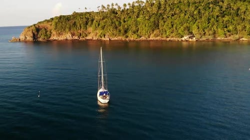 Amazing Drone View of Modern White Luxury Yacht Sailing on Calm Sea Water