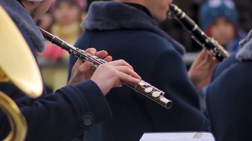 Strong Men from Military Brass Band Performing March, Open Air Winter Parade