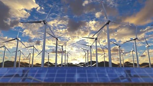 Renewable Energy Farm Spinning Windmills Generators and Innovative Solar Panels