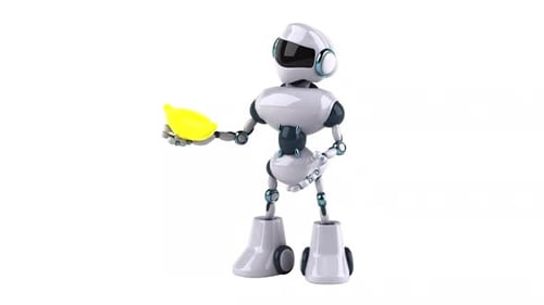 3D Animated Modern Robot Character Holding a Yellow Lemon