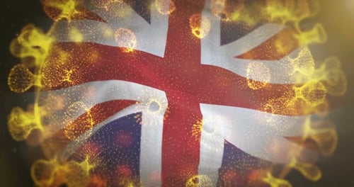 Union Jack Flag Waving in Abstract Glowing Virus Animation