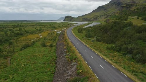 Aerial View of Landscape with a Highway in Iceland in Summertime