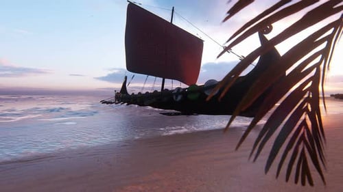 Viking Longboat on Sandy Shore at Golden Sunset with Palm Leaves