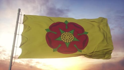 Realistic Waving Flag of Lancashire Rose at Sunset