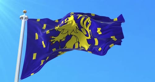 Waving Blue Flag with Golden Heraldic Lion and Billets