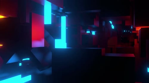 Abstract Futuristic Tunnel Loop with Glowing Neon Cubes