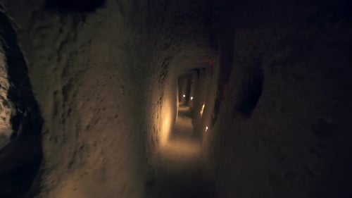Un long couloir reliant les pièces de la ville souterraine