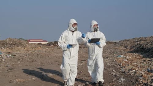 Two Hazmat Suits Walking in Garbage Dump
