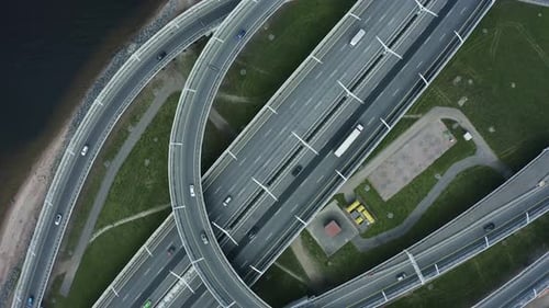 Car Driving on Road Driveway Spbd. Urban Aerial View. Freeway Motorway. Cars Driving on Driveway