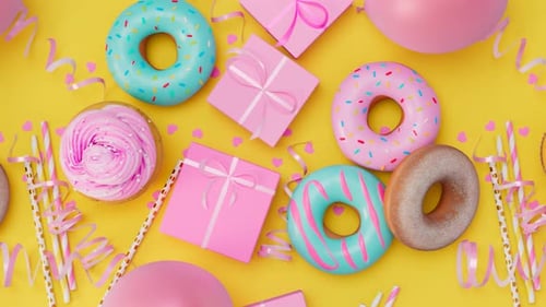 Sweet Party Celebration Background with Donuts, Gifts, and Balloons