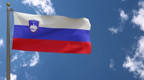 Slovenian Flag Waving in Blue Sky with Clouds
