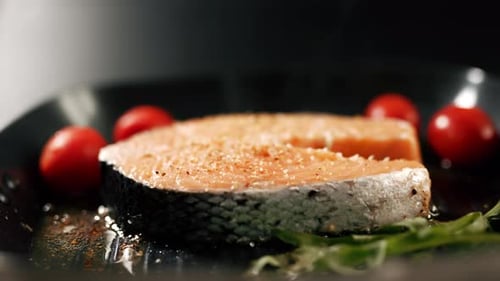 A Salmon Fillets on a Grill Plate with Herbs and Vegetables