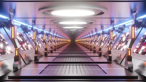 Seamless Loop of Futuristic Tunnel with Glowing Lights and Digital Panels