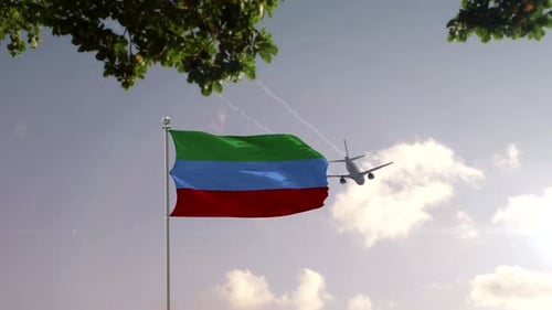 Waving National Flag with Airplane Flying Over Modern City Reveal