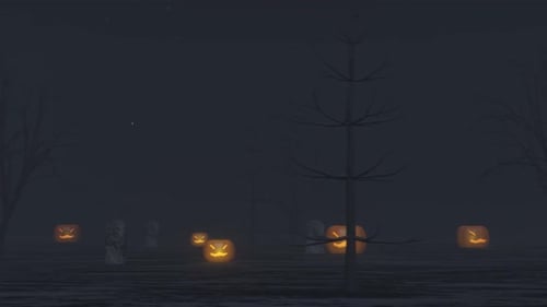 Halloween Foggy Forest with Jack-o'-Lanterns and Gravestones