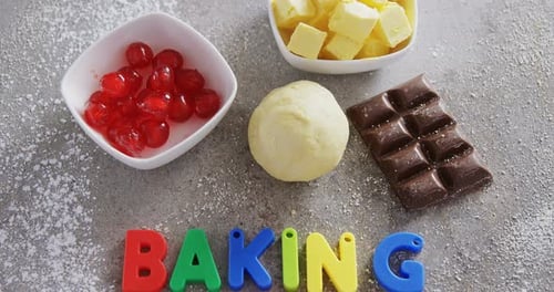 Overhead Shot of Baking Ingredients with Colorful Letters