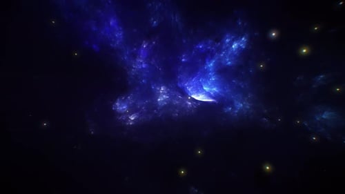 Weltraumfliegen in tiefblauem Nebel und Sternen