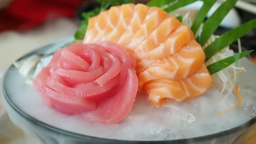 Delicious fresh raw fish on plate with ice