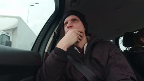 Man Passenger Rides In A Car Slow Motion