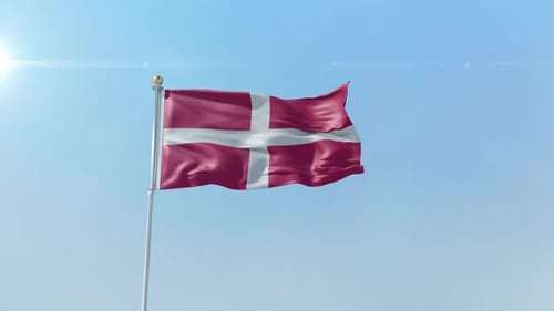 Denmark Flag Waving on Flagpole against Blue Sky