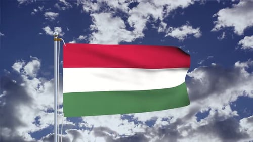Realistic Waving Hungarian Flag Against Blue Sky Background