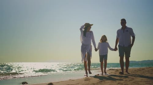 Parents with son walking on sandy beach