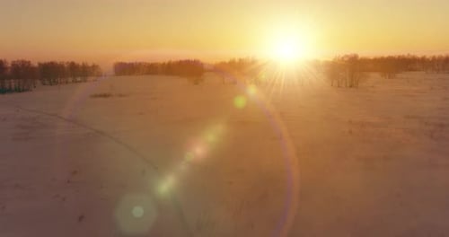 Aerial Drone View of Cold Winter Landscape with Arctic Field, Trees Covered with Frost Snow and