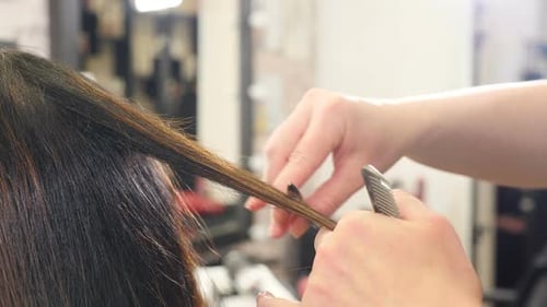 Hairdresser Cutting Dark Hair in Bright Salon