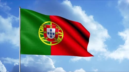 Realistic Portugal Flag Waving in the Wind on Blue Sky