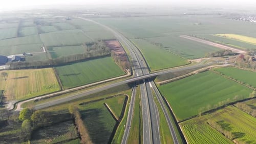 Aerial Top View of the Motorway, Interchange Between the Motorway and the City
