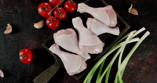 Raw Chicken Drumsticks with Fresh Vegetables Overhead