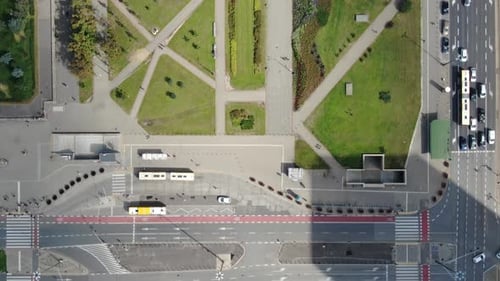 Top-down aerial view of Warsaw city center, Poland, Europe