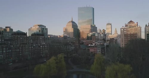 Pedestal Down Aerial Shot of Downtown Boston and Common Park