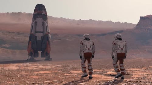 Astronauts Walk Towards Spaceship on Red Planet