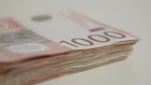 Tilting over denominations of 1000 dinars shallow DOF 4K 2160p 30fps UltraHD footage - Serbian bank