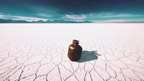 Old Rusted Danger Gas Container on Salt Lake