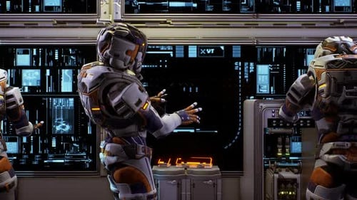 Futuristic Space Crew in Control Room with Animated Holographic Displays