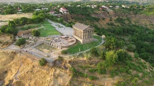 Aerial footage Garni temple in Armenia.