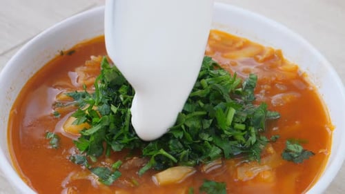 Borsch Soup With Red Beets. Ukrainian Cuisine.