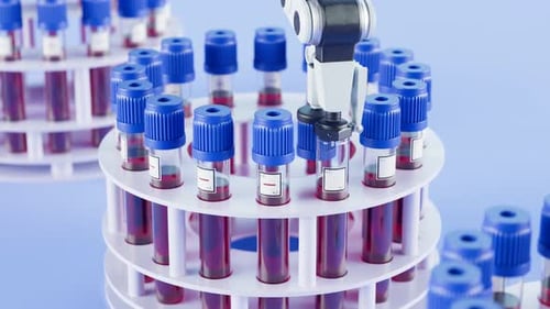 Un robot de laboratoire moderne analyse des échantillons de sang. Analyse automatisée. Résultat positif. 4K HD