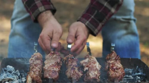 Man Grilling Meat Bbq on Outdoor Grill. Shish Kebab on Skewers Grilled on Picnic