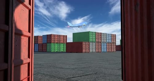 Cargo Terminal with a lot of Shipping Containers and Taking Off Airplane