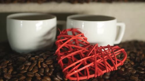 Coffee Beans, Mugs and Red Decorative Heart