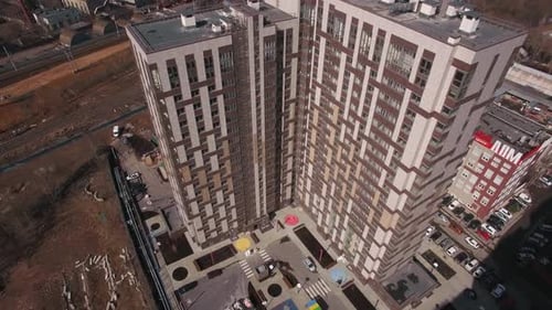 New Block of Flats and Moscow Panorama, Aerial View in Spring