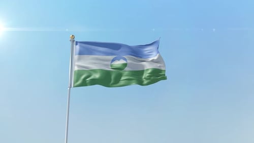 Realistic Waving Flag with Mountain Emblem and Bright Lens Flare