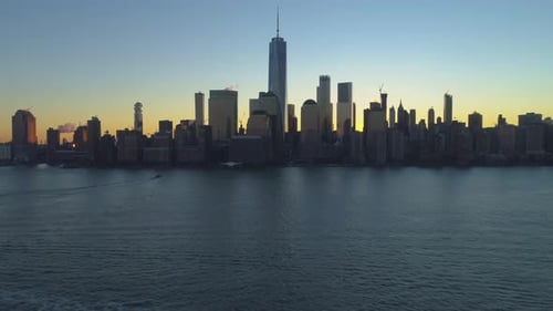 Cityscape of Lower Manhattan, New York at Sunrise. Aerial View