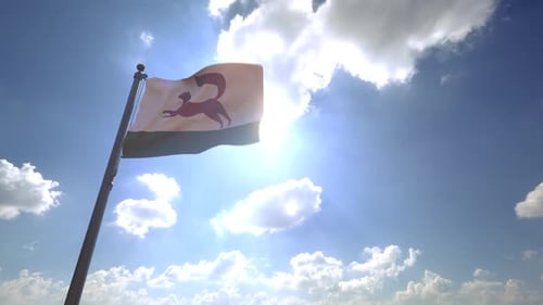 Waving Flag with Leaping Animal Emblem on Sunny Sky